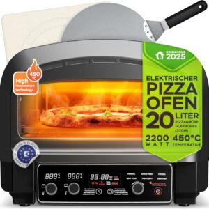 Elektrischer Pizzaofen bis 450°C für 37cm (14,6") große Pizza New York mit Pizzastein Indoor/Outdoor 2200W Garten für Zuhause kleine Back Ofen Tisch Flammkuchen mobiler inkl. Pizzaschieber