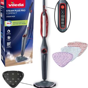 Vileda Steam Plus Pro Compact Dampfreiniger, 4 Dampfstufen | Tötet 99,9% der Bakterien & Viren | Sensitive Pad & PowerPad | 4 Dampfstufen | Abstellunterlage | 15s Aufheizzeit