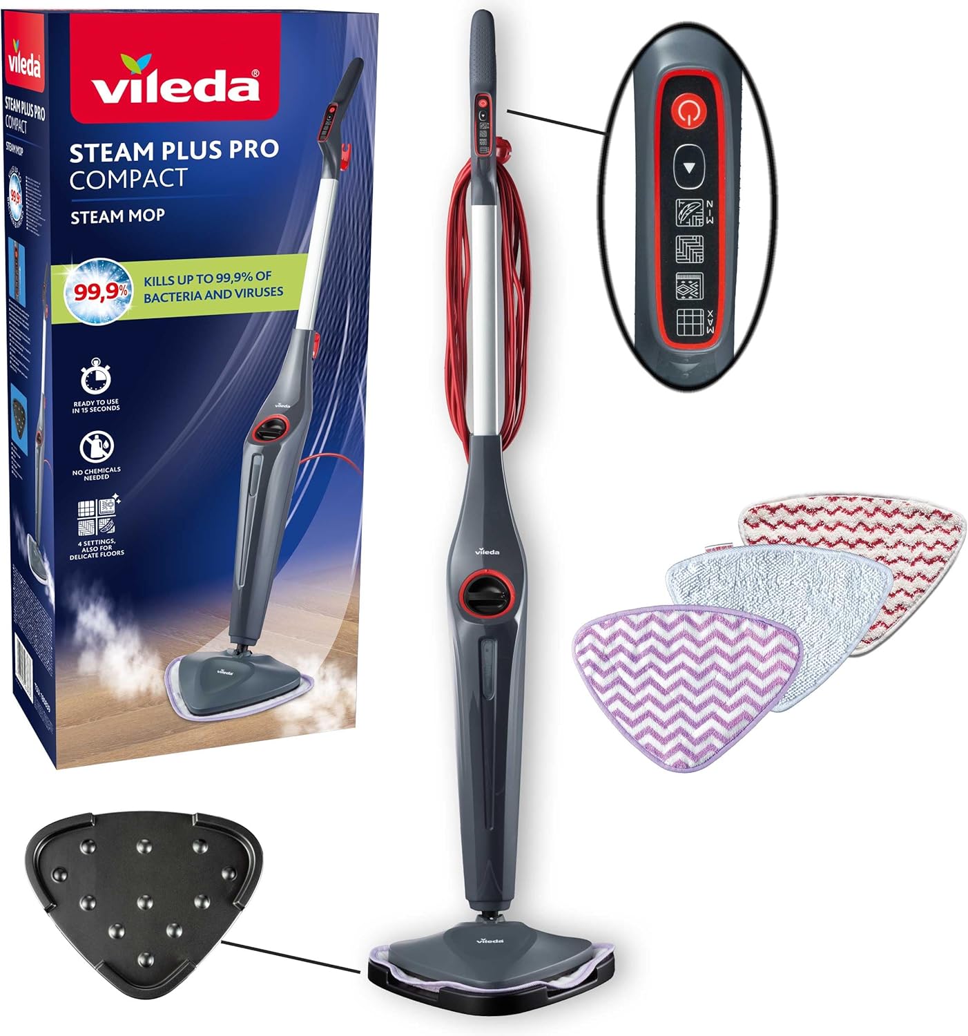 Vileda Steam Plus Pro Compact Dampfreiniger, 4 Dampfstufen | Tötet 99,9% der Bakterien & Viren | Sensitive Pad & PowerPad | 4 Dampfstufen | Abstellunterlage | 15s Aufheizzeit 1 Vileda Steam Plus Pro Compact Dampfreiniger, 4 Dampfstufen | Tötet 99,9% der Bakterien & Viren | Sensitive Pad & PowerPad | 4 Dampfstufen | Abstellunterlage | 15s Aufheizzeit