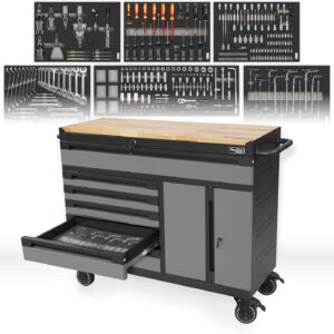 Mephisto Werkzeugwagen Twin Advanced Industrial Line mit Holzplatte | Werkstattwagen mit 6 Schubladen und 272-teiligem Werkzeugsatz