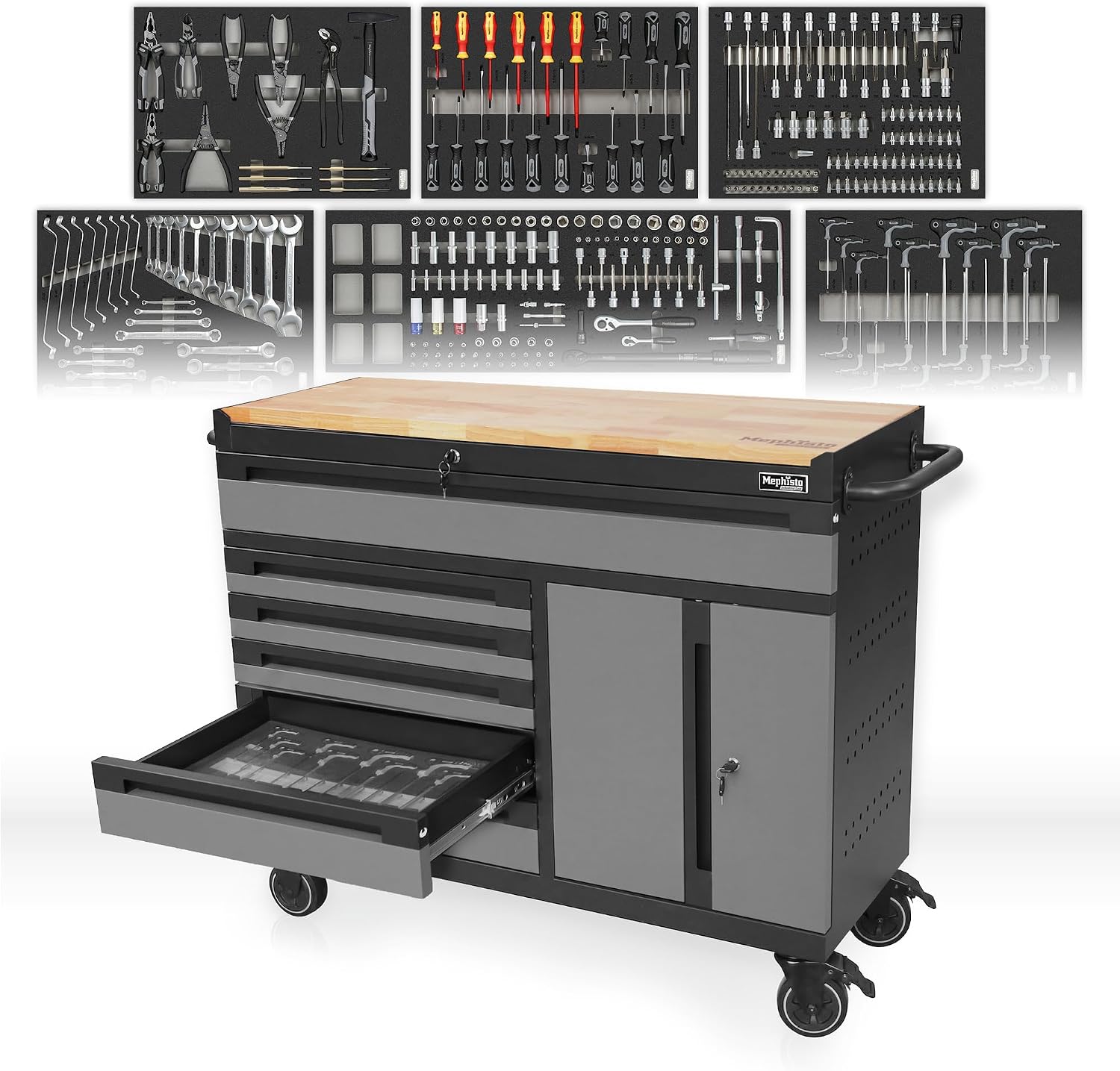 Mephisto Werkzeugwagen Twin Advanced Industrial Line mit Holzplatte | Werkstattwagen mit 6 Schubladen und 272-teiligem Werkzeugsatz 1 Mephisto Werkzeugwagen Twin Advanced Industrial Line mit Holzplatte | Werkstattwagen mit 6 Schubladen und 272-teiligem Werkzeugsatz