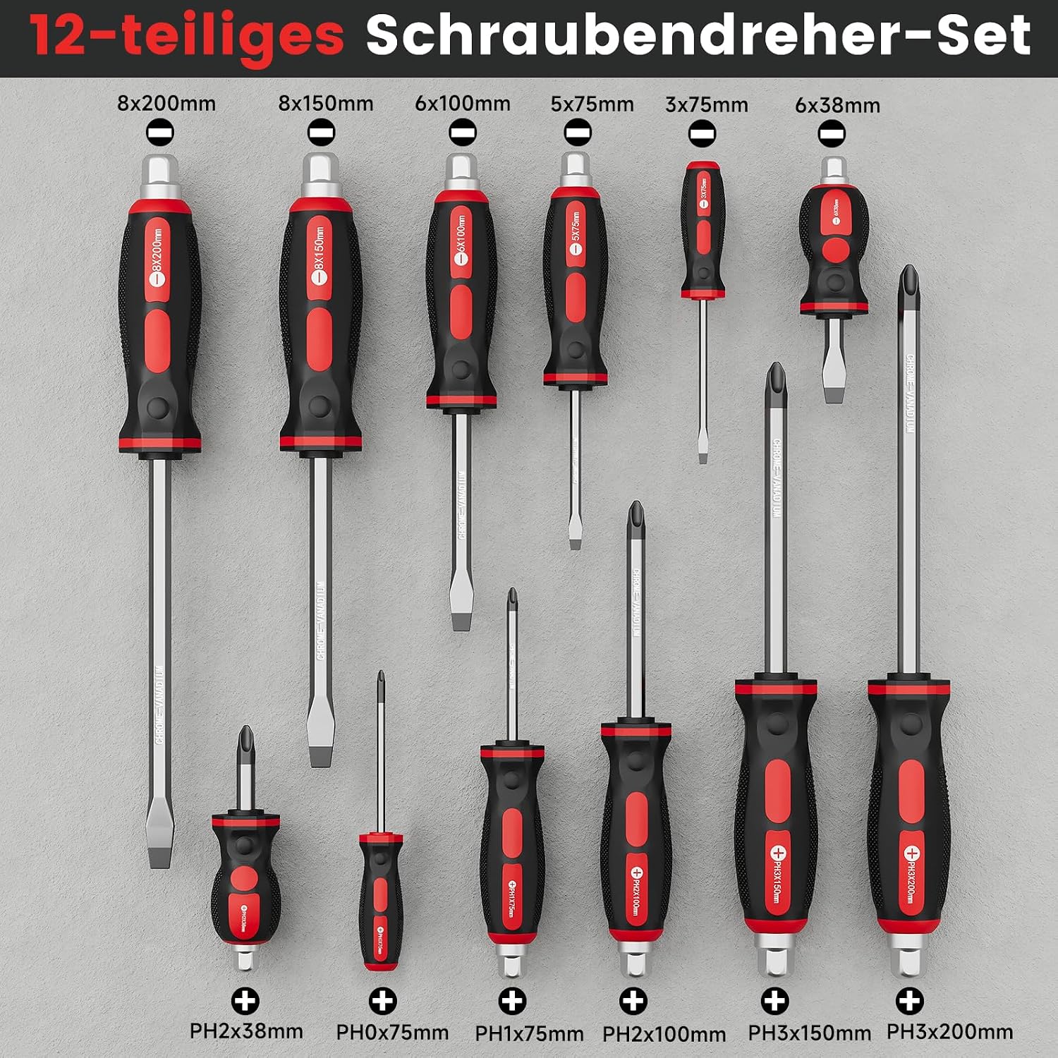WALTER STAHL 12-teiliges Schraubenzieher Set aus Cr-V Stahl | mit Schlagkappe & Antriebssechskant, Schlitz Kreuz PH, Schraubendreher im Kunststoffkoffer für Werkstatt Reparatur 2 WALTER STAHL 12-teiliges Schraubenzieher Set aus Cr-V Stahl | mit Schlagkappe & Antriebssechskant, Schlitz Kreuz PH, Schraubendreher im Kunststoffkoffer für Werkstatt Reparatur – Bild 2