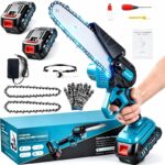 Mini Kettensäge mit Akku, 1000W Bürstenloser Motor, 6 Zoll Akku kettensäge mit 4000mAh Akkus, Mit 2 Ketten und Sicherheitsverriegelung, Handkettensäge Akku für Gartenscheren Astschere Holzschneiden