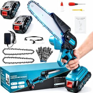 Mini Kettensäge mit Akku, 1000W Bürstenloser Motor, 6 Zoll Akku kettensäge mit 4000mAh Akkus, Mit 2 Ketten und Sicherheitsverriegelung, Handkettensäge Akku für Gartenscheren Astschere Holzschneiden