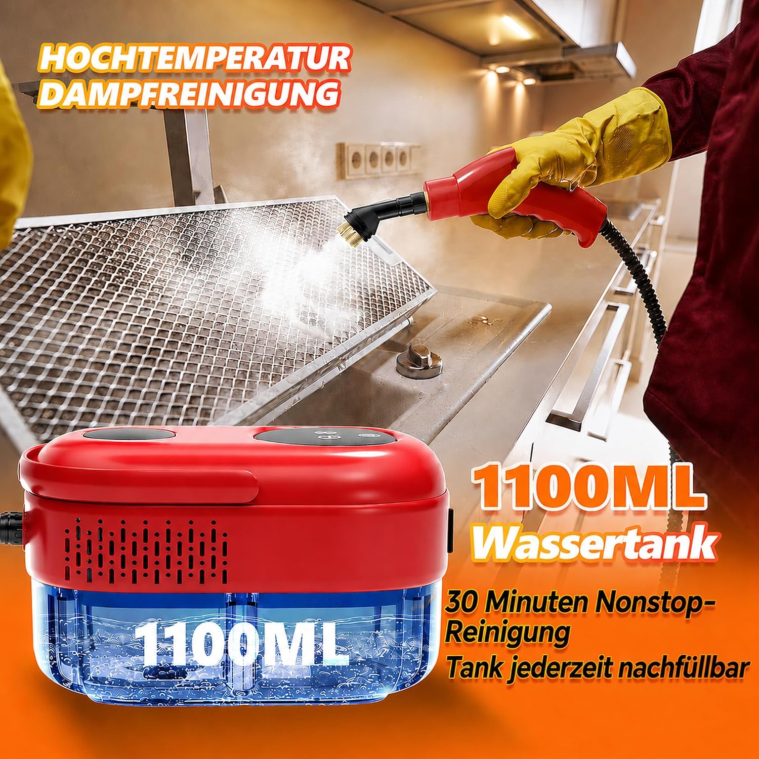 Dampfreiniger Handgerät, 15 Sekunden Aufheizzeit, 1,1L Wassertank, Rot 4 Dampfreiniger Handgerät, 15 Sekunden Aufheizzeit, 1,1L Wassertank, Rot – Bild 4