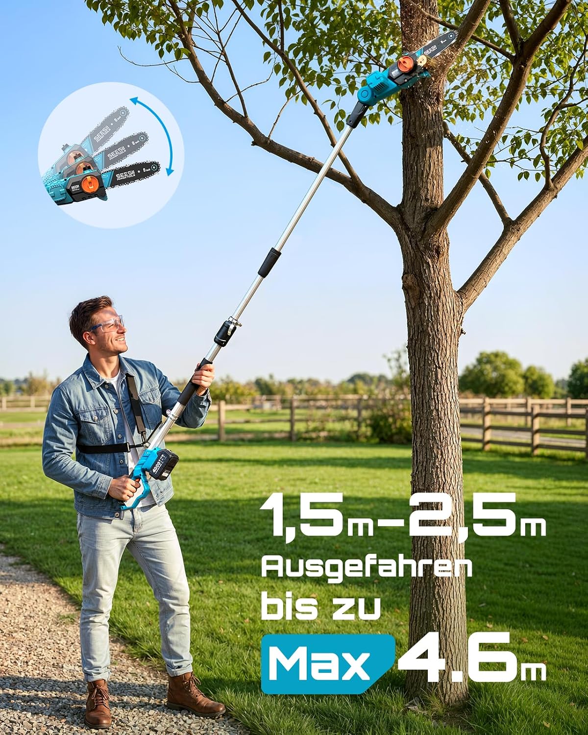 SEESII 8-Zoll Hochentaster, Akku Astsäge Teleskop für Beschneiden von Ästen | 20V Stangen-Kettensäge für äste mit 2x4000mAh Batterie,für Baumbeschneidung, 15-Ft Max Reichweite, Automatische Schmierung 2 SEESII 8-Zoll Hochentaster, Akku Astsäge Teleskop für Beschneiden von Ästen | 20V Stangen-Kettensäge für äste mit 2x4000mAh Batterie,für Baumbeschneidung, 15-Ft Max Reichweite, Automatische Schmierung – Bild 2