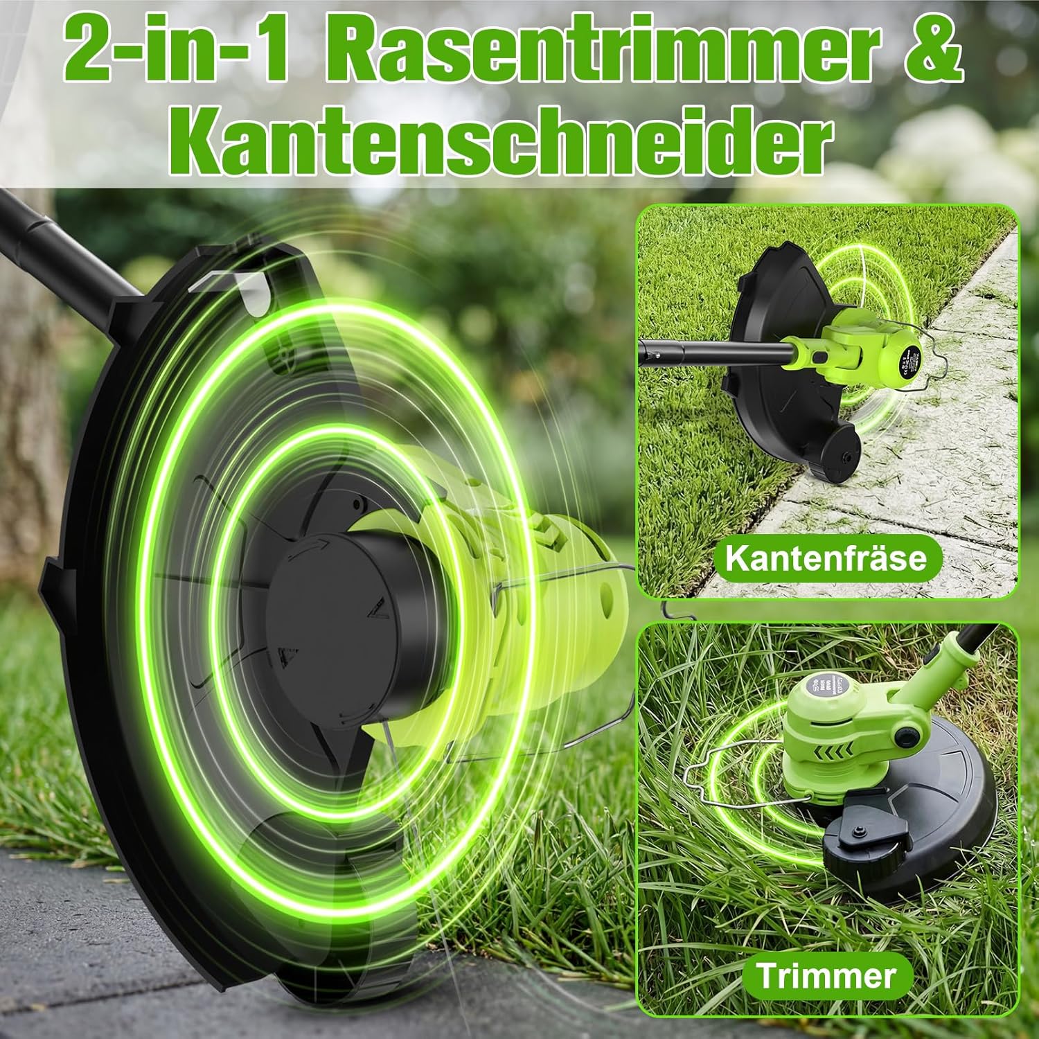 VOERJIA Akku Rasentrimmer 21V, 2-in-1 Rasentrimmer & Kantenschneider, LCD Akkuanzeige, 2×2000mAh Akku, Automatische Fadennachführung, 8 Fadenspulen, für Rasen, Rasenkanten & Gartenwege 2 VOERJIA Akku Rasentrimmer 21V, 2-in-1 Rasentrimmer & Kantenschneider, LCD Akkuanzeige, 2×2000mAh Akku, Automatische Fadennachführung, 8 Fadenspulen, für Rasen, Rasenkanten & Gartenwege – Bild 2