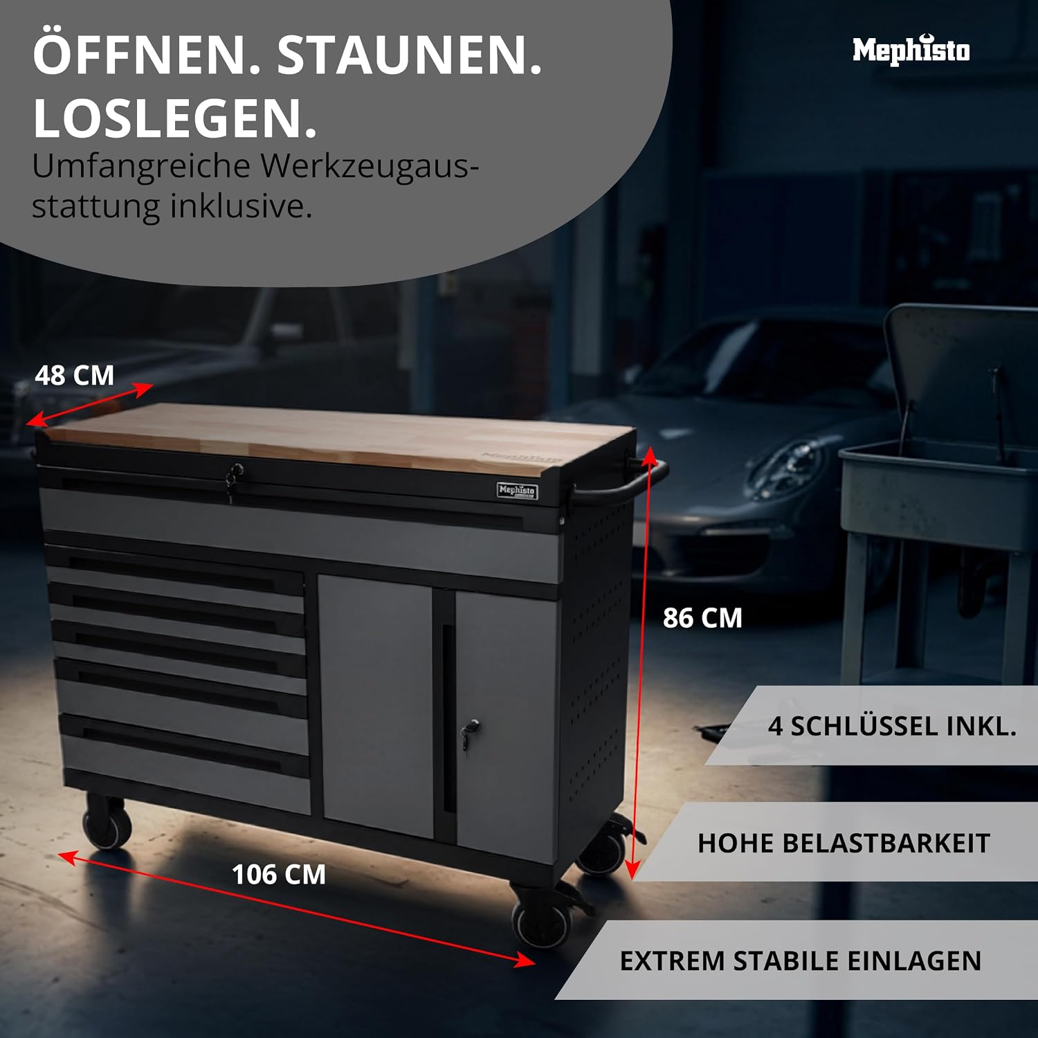 Mephisto Werkzeugwagen Twin Advanced Industrial Line mit Holzplatte | Werkstattwagen mit 6 Schubladen und 272-teiligem Werkzeugsatz 2 Mephisto Werkzeugwagen Twin Advanced Industrial Line mit Holzplatte | Werkstattwagen mit 6 Schubladen und 272-teiligem Werkzeugsatz – Bild 2