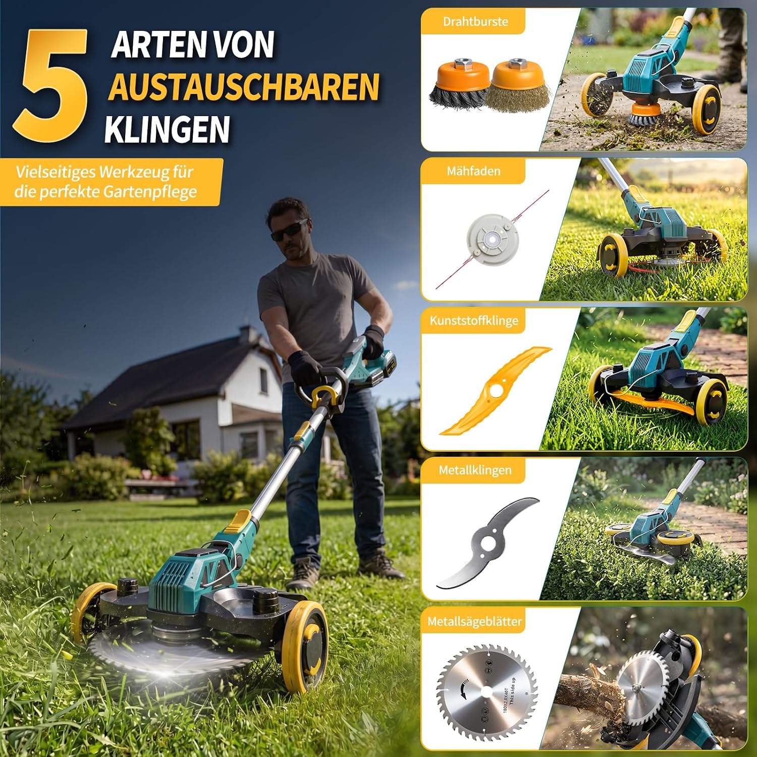 Rasentrimmer mit Akku, 21V Akku Rasentrimmer für Makita Akku, Rasentrimmer mit Unkrautbürste, 2 * 4.0Ah 5 in 1 Rasentrimmer, 900W Bürstenloser Motor Freischneider Akku für Rasen, Garten, Hof(Blau) 2 Rasentrimmer mit Akku, 21V Akku Rasentrimmer für Makita Akku, Rasentrimmer mit Unkrautbürste, 2 * 4.0Ah 5 in 1 Rasentrimmer, 900W Bürstenloser Motor Freischneider Akku für Rasen, Garten, Hof(Blau) – Bild 2