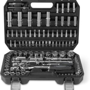 Amazon Basics Steckschlüsselsatz mit Ratschen, Verlängerungen und Bits, CRV-Stahl, Ratschenschlüssel-Set für Heimwerker und Autoreparaturen, 108 Teile, Inklusive Aufbewahrungskoffer