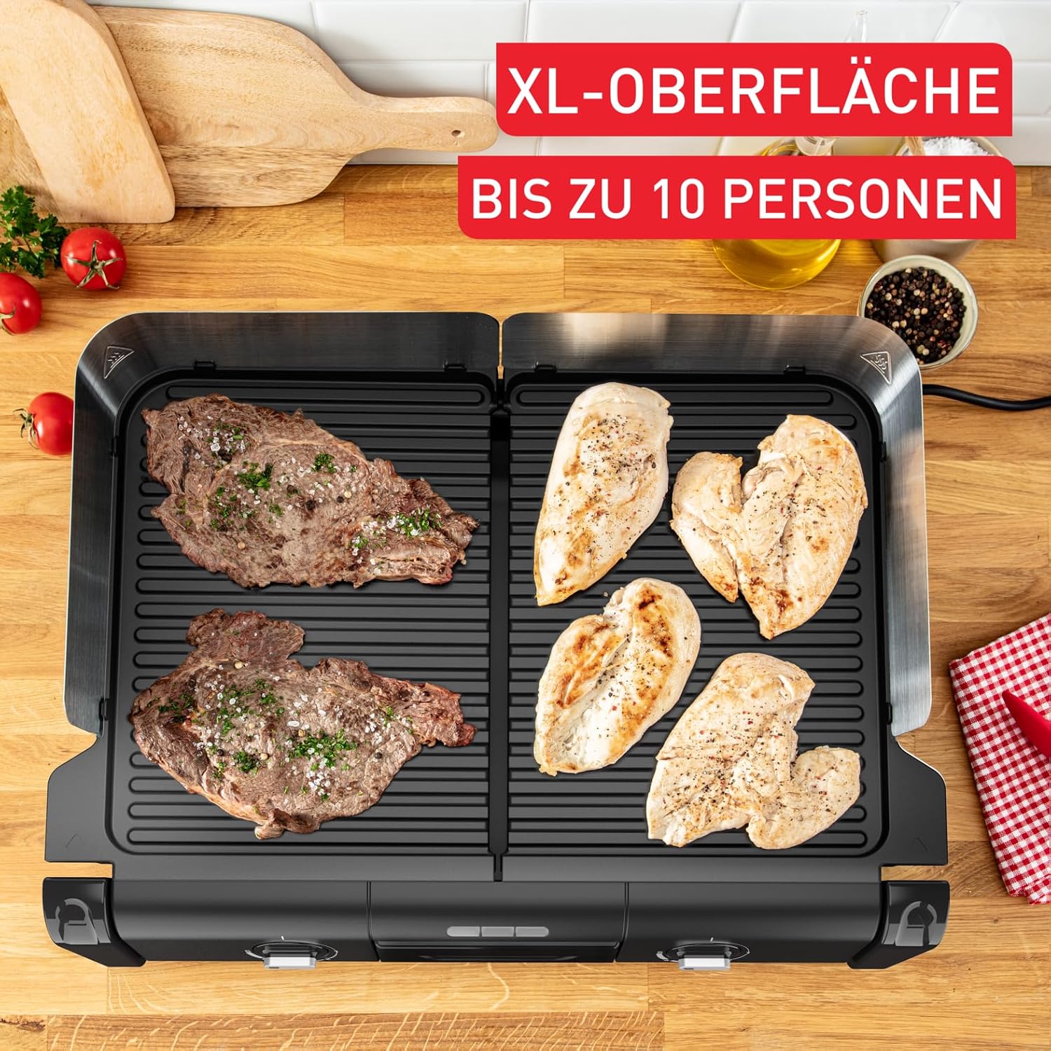 Tefal BBQ Family Elektrischer Tischgrill, 2 getrennte Grillflächen, 2 Thermostate, antihaftbeschichtete Alu-Druckguss Grillplatten, spülmaschinengeeignet, extra tiefe Rillen, Schwarz/Silber, TG800N10 2 Tefal BBQ Family Elektrischer Tischgrill, 2 getrennte Grillflächen, 2 Thermostate, antihaftbeschichtete Alu-Druckguss Grillplatten, spülmaschinengeeignet, extra tiefe Rillen, Schwarz/Silber, TG800N10 – Bild 2
