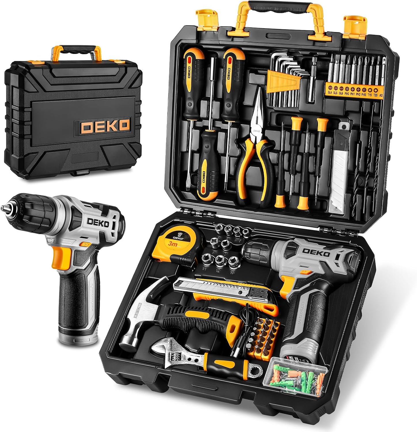 DEKO 126-teiliger Werkzeugkoffer mit 8V-Akkuschrauber, Multifunktionaler Akkuschrauber Set, Basis Werkzeugkasten für den Hausgebrauch, DIY Handwerkzeug Set fur Zuhause, Büro und Garten 1 DEKO 126-teiliger Werkzeugkoffer mit 8V-Akkuschrauber, Multifunktionaler Akkuschrauber Set, Basis Werkzeugkasten für den Hausgebrauch, DIY Handwerkzeug Set fur Zuhause, Büro und Garten