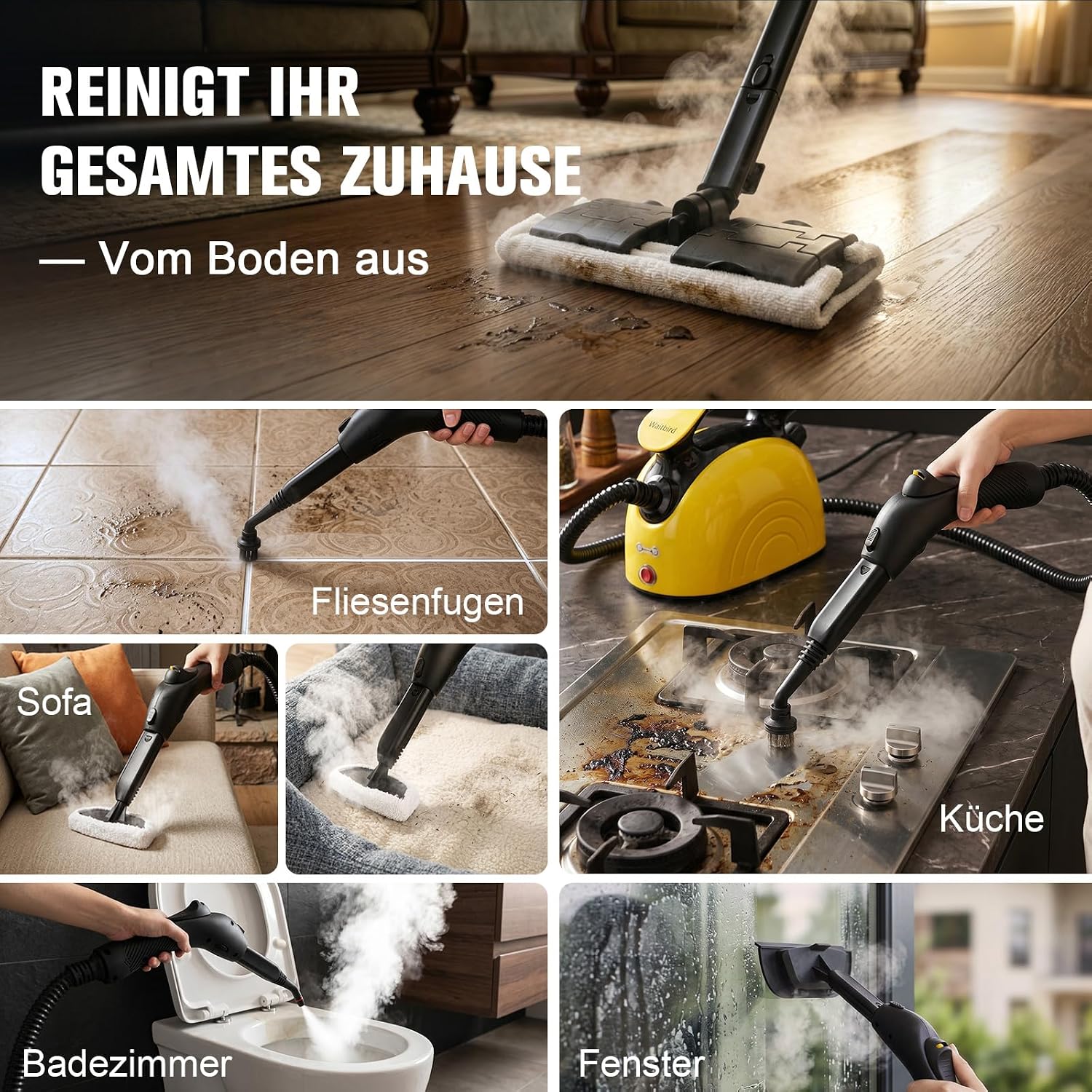 Waitbird Hand-Dampfreiniger für Zuhause, 4,5 Bar, 120 °C Heißdampf, 1500W | 21 Zubehörteile | Chemikalienfrei für Boden, Auto, Wand, Fugen, Küche und Bad | Doppelte Sicherheitsverriegelung 5 Waitbird Hand-Dampfreiniger für Zuhause, 4,5 Bar, 120 °C Heißdampf, 1500W | 21 Zubehörteile | Chemikalienfrei für Boden, Auto, Wand, Fugen, Küche und Bad | Doppelte Sicherheitsverriegelung – Bild 5