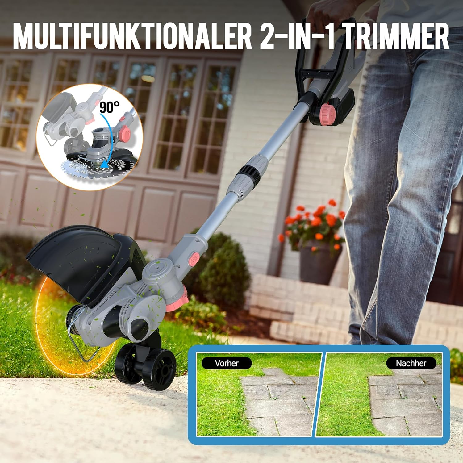 Akku Rasentrimmer mit Akku und Ladegerät, 21V Rasentrimmer für Makita Akku, Freischneider Akku - Inkl. 2 X 4.0Ah Batterie, Rasentrimmer mit Unkrautbürste, 90° Schwenkbarer Kopf, für Garten(Grau) 2 Akku Rasentrimmer mit Akku und Ladegerät, 21V Rasentrimmer für Makita Akku, Freischneider Akku - Inkl. 2 X 4.0Ah Batterie, Rasentrimmer mit Unkrautbürste, 90° Schwenkbarer Kopf, für Garten(Grau) – Bild 2