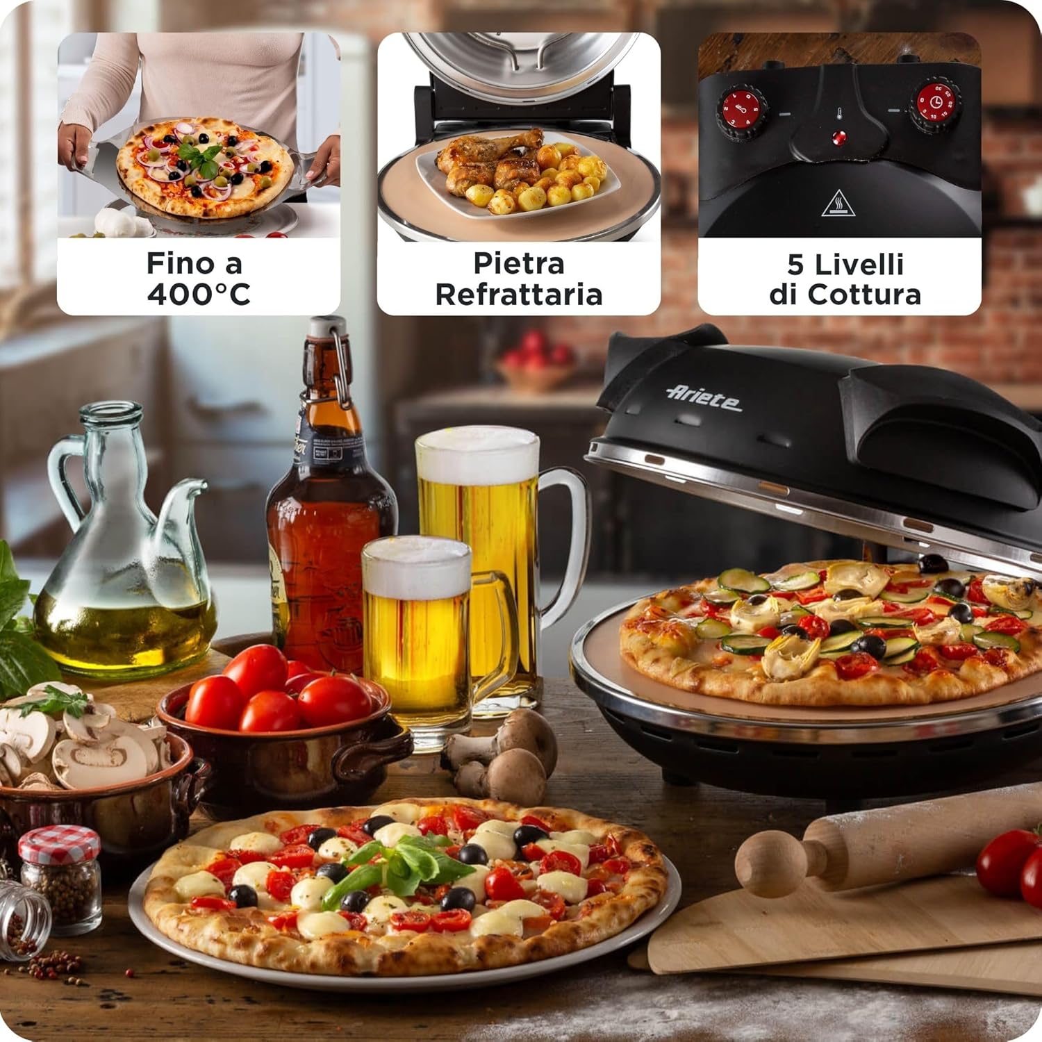 Ariete Pizzaofen 917, 4-Minuten-Pizza, Pizzaofen mit 5 Garstufen, Feuerfeste Platte zum Wiederaufwärmen, Holzbrettchen im Lieferumfang Enthalten, Max. Temperatur 400°C, 1200W, Schwarz 3 Ariete Pizzaofen 917, 4-Minuten-Pizza, Pizzaofen mit 5 Garstufen, Feuerfeste Platte zum Wiederaufwärmen, Holzbrettchen im Lieferumfang Enthalten, Max. Temperatur 400°C, 1200W, Schwarz – Bild 3