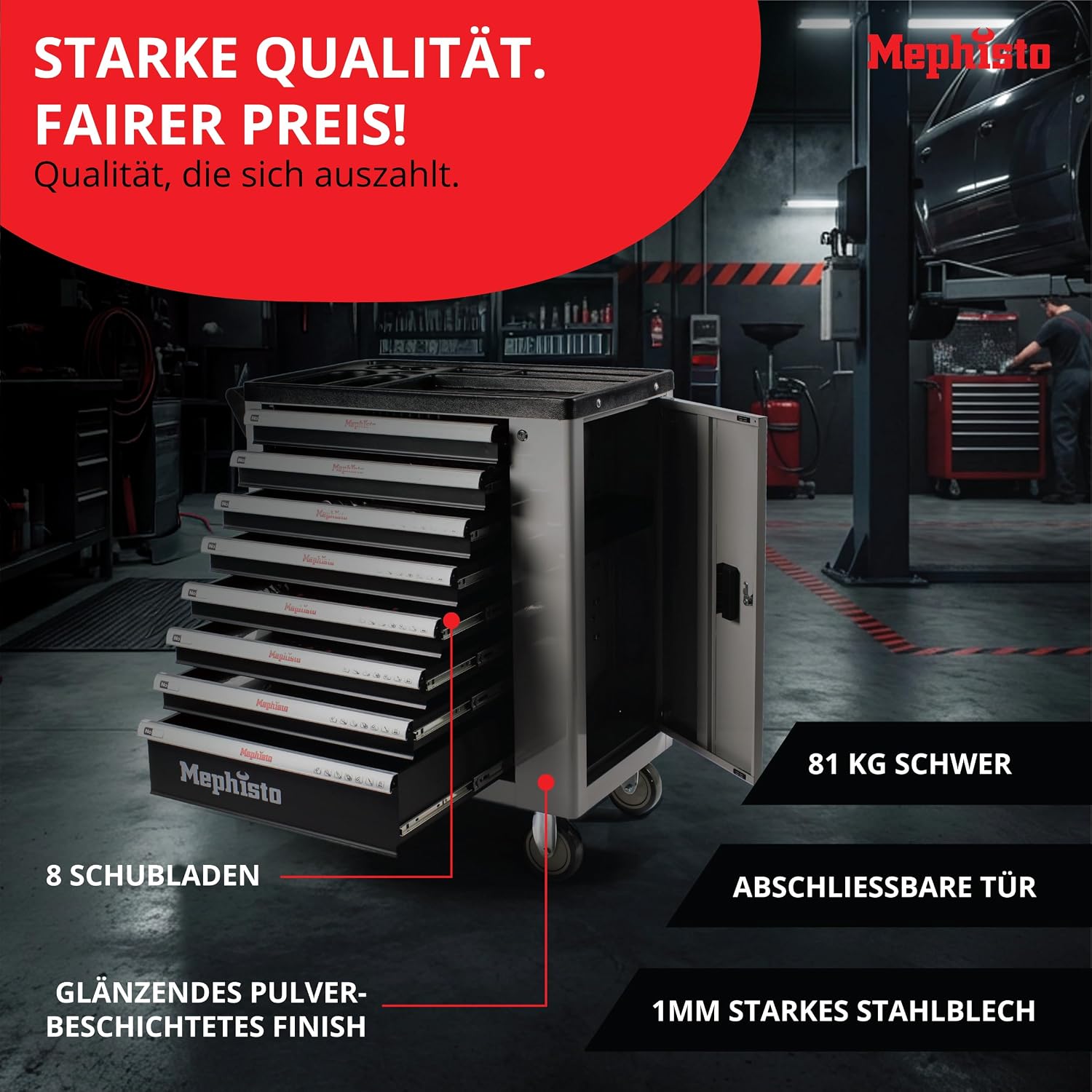 Mephisto Werkzeugwagen Werkstattwagen mit 8 Schubladen Davon 7 mit Werkzeug wie Schraubenschlüssel, Ratsche mit Nusskasten, Schraubendreher usw. in Soft Inlays in Carbonoptik gefüllte Schubladen 3 Mephisto Werkzeugwagen Werkstattwagen mit 8 Schubladen Davon 7 mit Werkzeug wie Schraubenschlüssel, Ratsche mit Nusskasten, Schraubendreher usw. in Soft Inlays in Carbonoptik gefüllte Schubladen – Bild 3