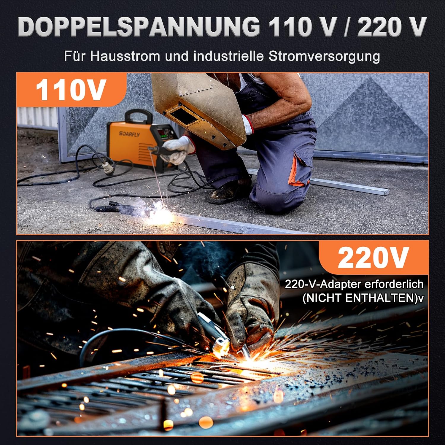 SOARFLY Elektroden Schweißgerät, 250 A, Dualspannung, MMA, Lift TIG | Für Heimwerker und Reparaturen, 110 V und 220 V mit automatischer Erkennung, Hot Start, Arc Force, großes LED Display, Orange 4 SOARFLY Elektroden Schweißgerät, 250 A, Dualspannung, MMA, Lift TIG | Für Heimwerker und Reparaturen, 110 V und 220 V mit automatischer Erkennung, Hot Start, Arc Force, großes LED Display, Orange – Bild 4