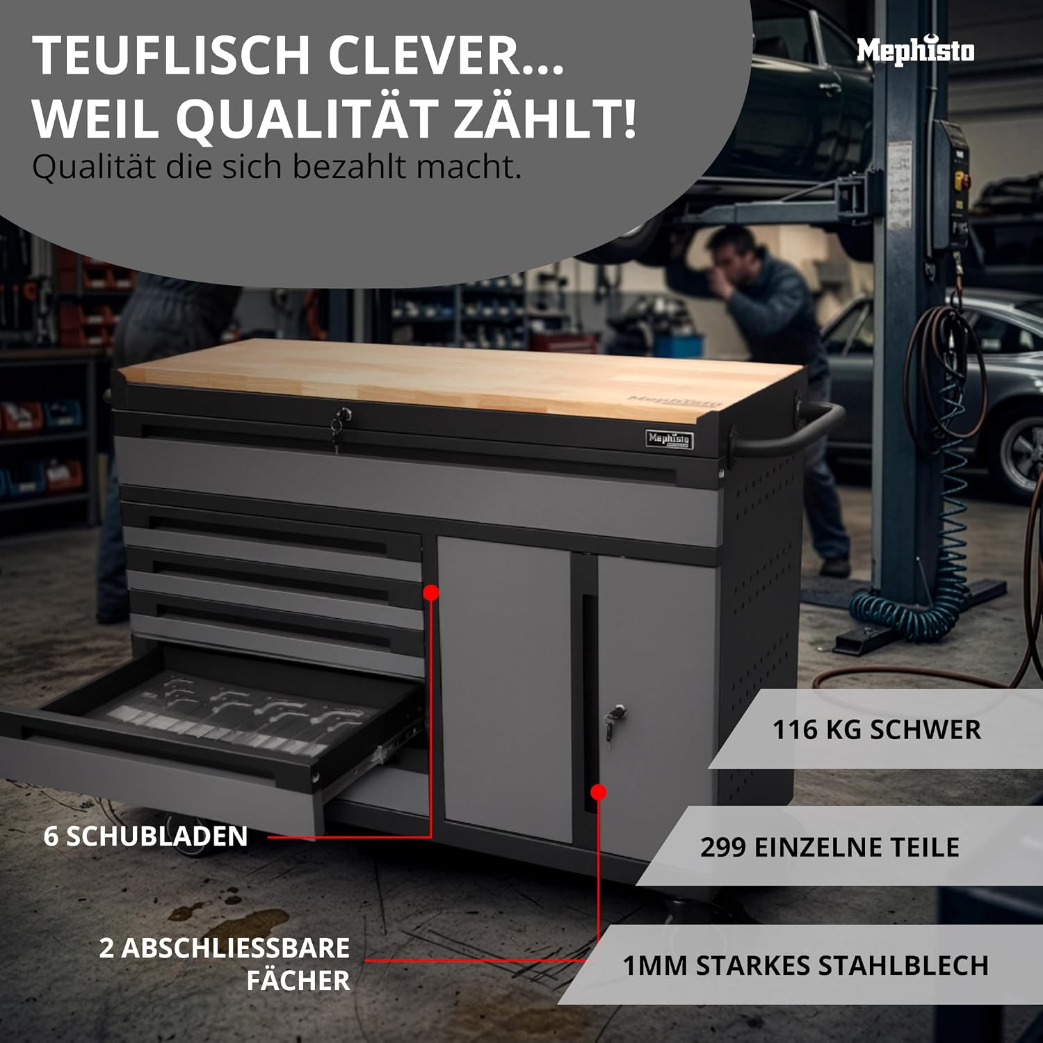 Mephisto Werkzeugwagen Twin Advanced Industrial Line mit Holzplatte | Werkstattwagen mit 6 Schubladen und 272-teiligem Werkzeugsatz 3 Mephisto Werkzeugwagen Twin Advanced Industrial Line mit Holzplatte | Werkstattwagen mit 6 Schubladen und 272-teiligem Werkzeugsatz – Bild 3