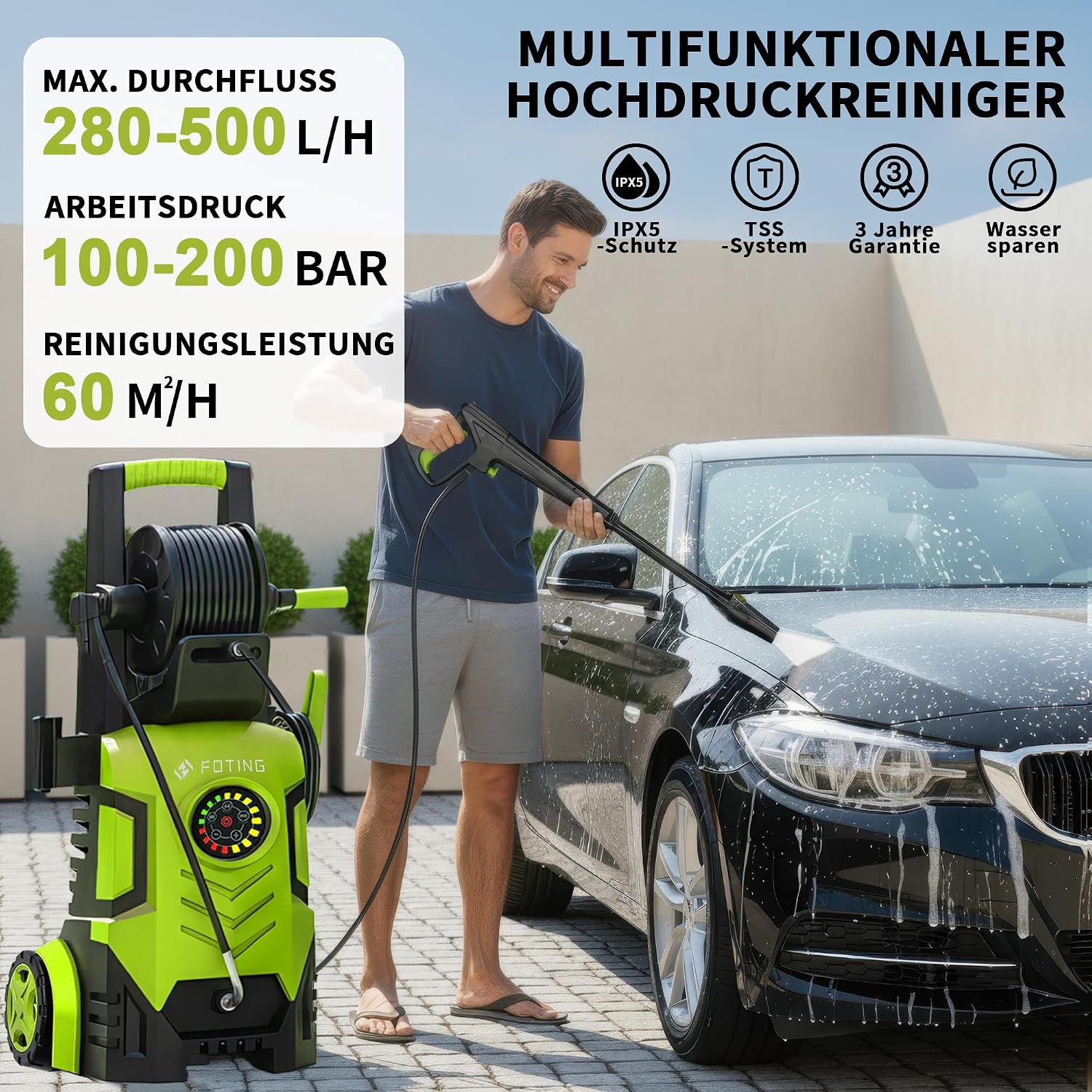 2026New Hochdruckreiniger Touchscreen 8-stufiger 200 Bar, 6-in-1-Düse, Einstellbarer Druck 100-200bar, Fördermenge 280-500l/h, Flächenleistung 60m²/h, Wassersparend, mit Schaumkanone Schlauchtrommel 2 2026New Hochdruckreiniger Touchscreen 8-stufiger 200 Bar, 6-in-1-Düse, Einstellbarer Druck 100-200bar, Fördermenge 280-500l/h, Flächenleistung 60m²/h, Wassersparend, mit Schaumkanone Schlauchtrommel – Bild 2