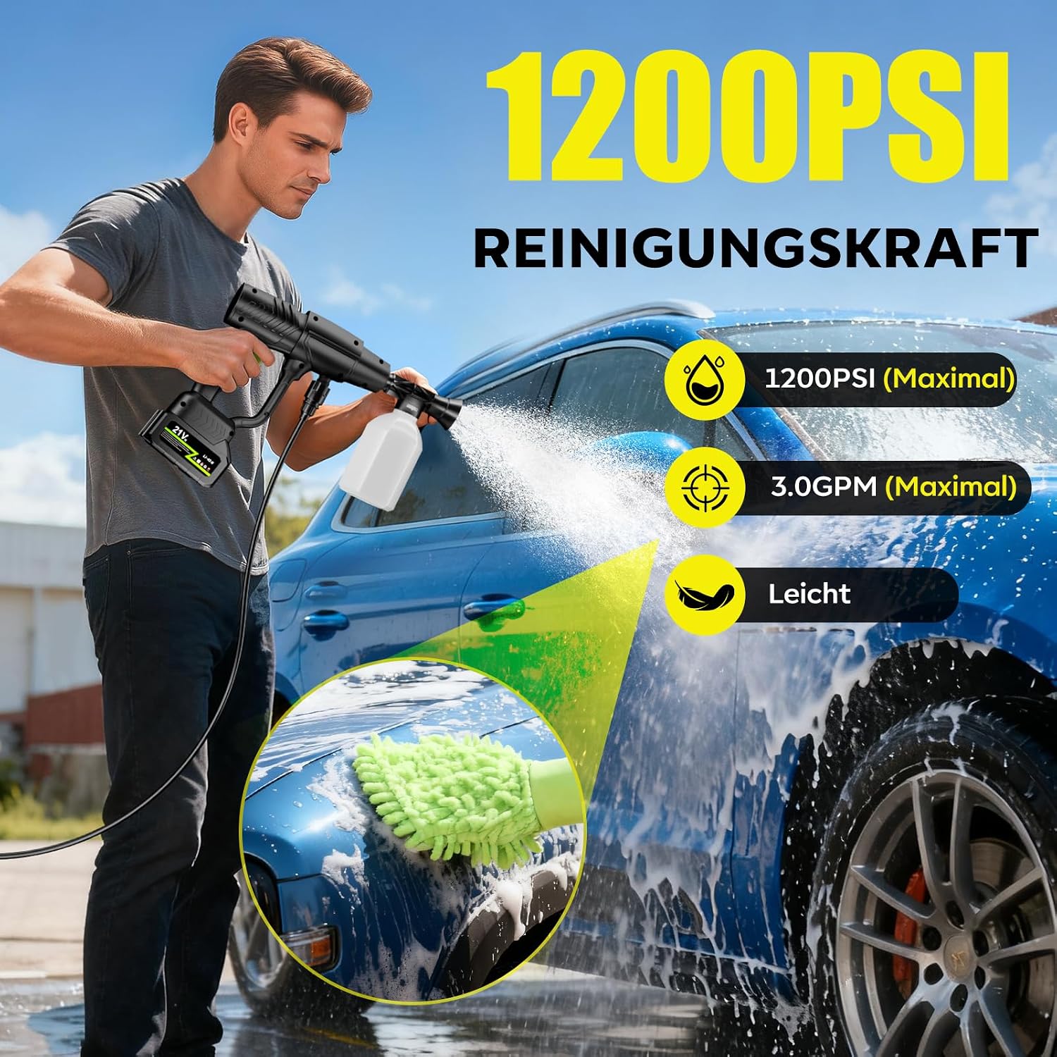 YKYI Akku Hochdruckreiniger 1200 PSI, 21V Bürstenloser Motor 2 YKYI Akku Hochdruckreiniger 1200 PSI, 21V Bürstenloser Motor – Bild 2