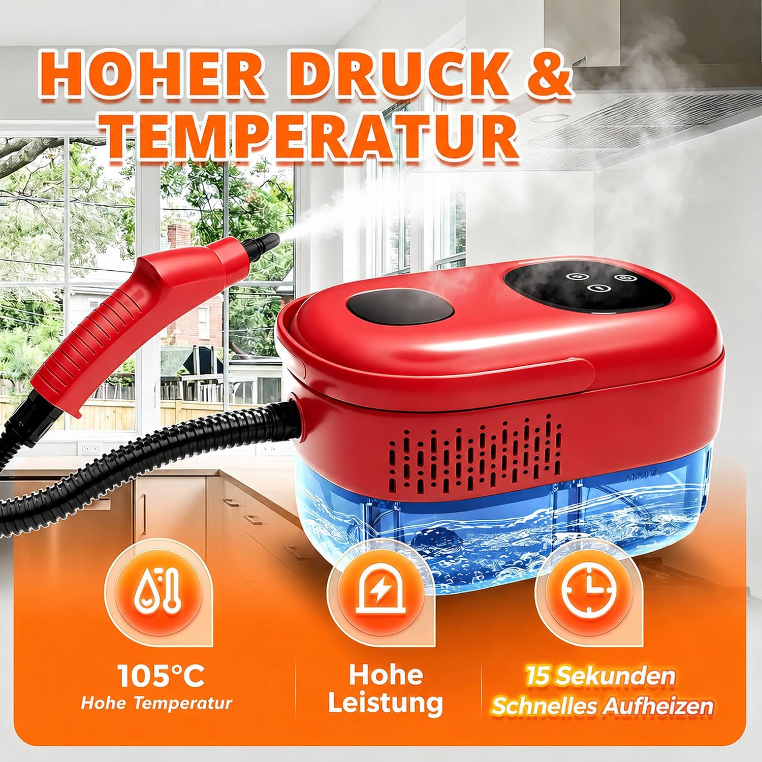 Dampfreiniger Handgerät, 15 Sekunden Aufheizzeit, 1,1L Wassertank, Rot 2 Dampfreiniger Handgerät, 15 Sekunden Aufheizzeit, 1,1L Wassertank, Rot – Bild 2