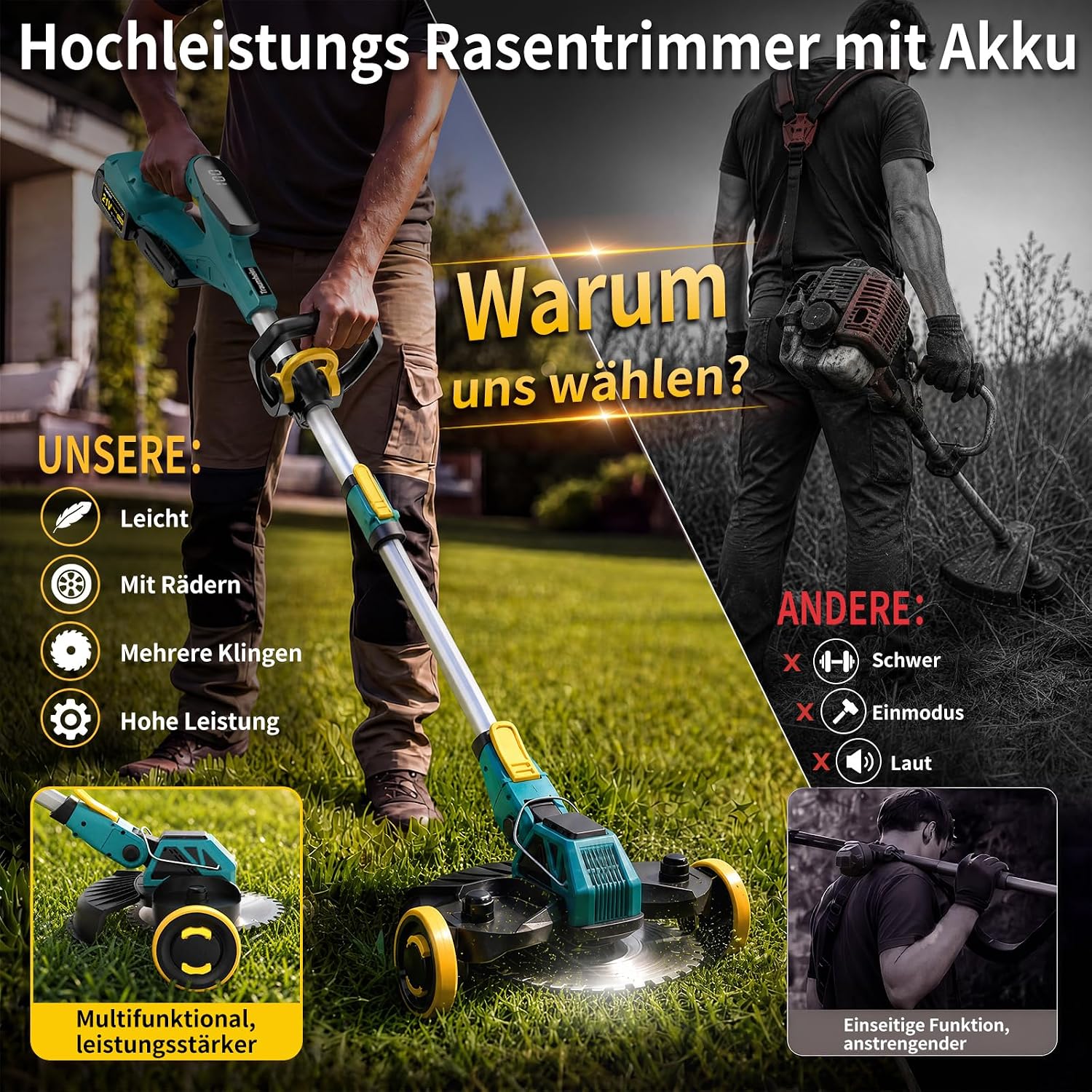 Rasentrimmer mit Akku, 21V Akku Rasentrimmer für Makita Akku, Rasentrimmer mit Unkrautbürste, 2 * 4.0Ah 5 in 1 Rasentrimmer, 900W Bürstenloser Motor Freischneider Akku für Rasen, Garten, Hof(Blau) 5 Rasentrimmer mit Akku, 21V Akku Rasentrimmer für Makita Akku, Rasentrimmer mit Unkrautbürste, 2 * 4.0Ah 5 in 1 Rasentrimmer, 900W Bürstenloser Motor Freischneider Akku für Rasen, Garten, Hof(Blau) – Bild 5