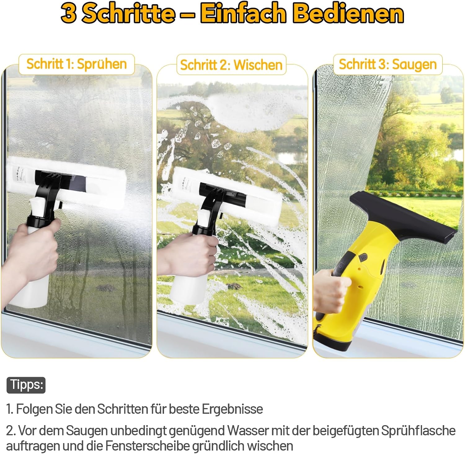 Fenstersauger Set, Akku Fenstersauger mit 40 Minuten Akkulaufzeit, Fensterputzer Fensterreiniger Elektrisch - Streifenfrei mit 28 & 17 cm Absaugdüsen, Sprühflasche mit 2 Mikrofaserbezüge, für Fenster 5 Fenstersauger Set, Akku Fenstersauger mit 40 Minuten Akkulaufzeit, Fensterputzer Fensterreiniger Elektrisch - Streifenfrei mit 28 & 17 cm Absaugdüsen, Sprühflasche mit 2 Mikrofaserbezüge, für Fenster – Bild 5