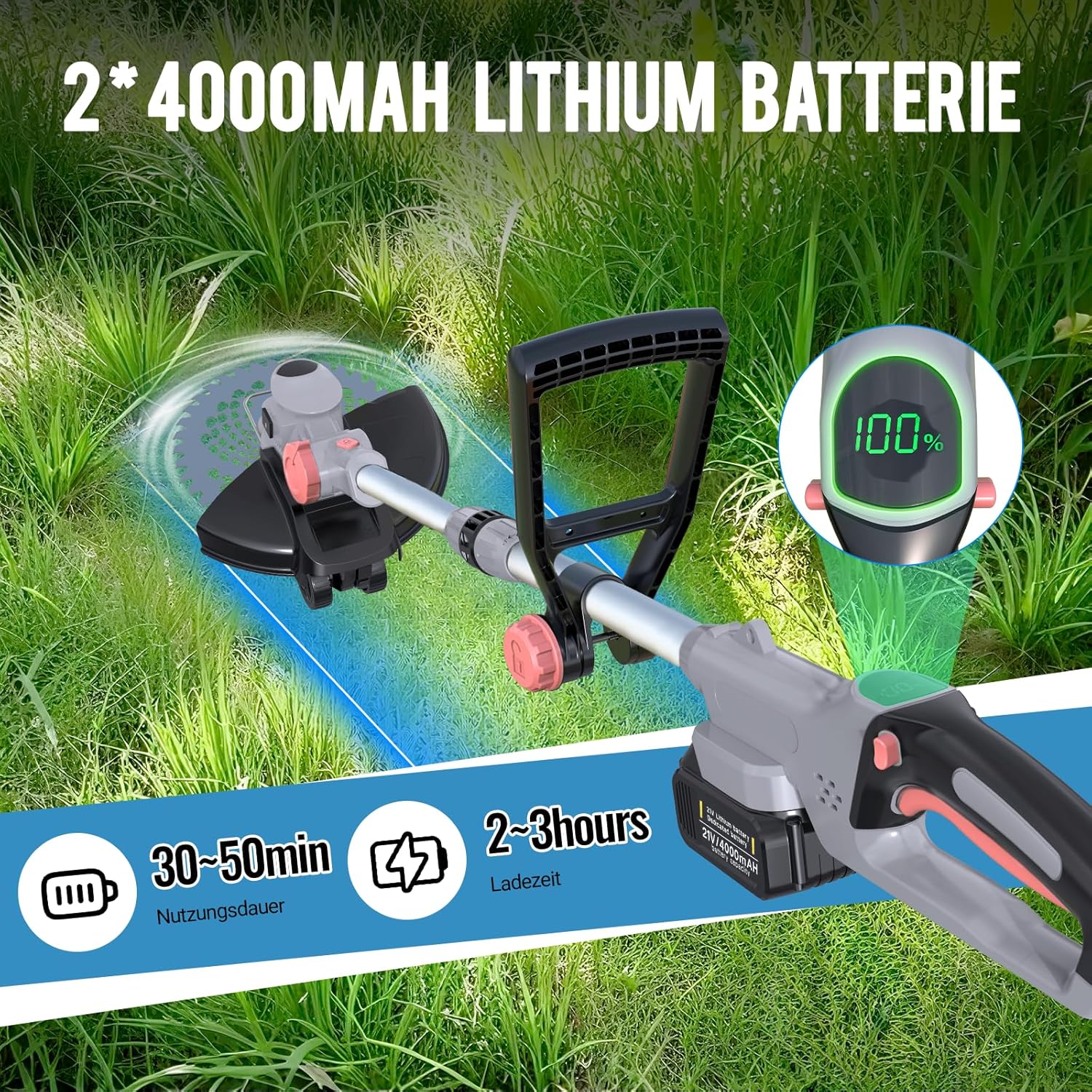 Akku Rasentrimmer mit Akku und Ladegerät, 21V Rasentrimmer für Makita Akku, Freischneider Akku - Inkl. 2 X 4.0Ah Batterie, Rasentrimmer mit Unkrautbürste, 90° Schwenkbarer Kopf, für Garten(Grau) 4 Akku Rasentrimmer mit Akku und Ladegerät, 21V Rasentrimmer für Makita Akku, Freischneider Akku - Inkl. 2 X 4.0Ah Batterie, Rasentrimmer mit Unkrautbürste, 90° Schwenkbarer Kopf, für Garten(Grau) – Bild 4