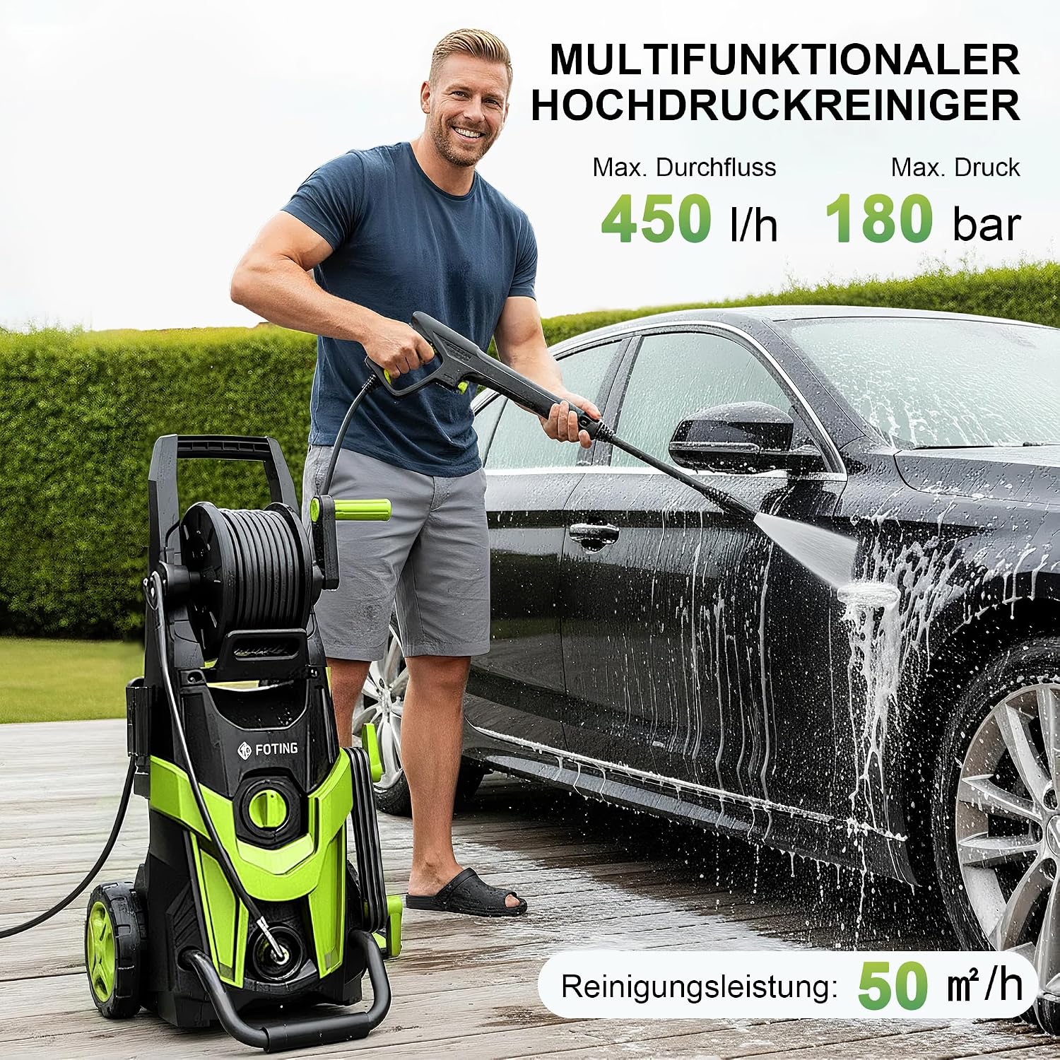 2026NEW Hochdruckreiniger 180 Bar, 450 l/h, Elektrischer Hochdruckreiniger mit 7 m Hochdruckschlauch, Schlauchtrommel, 500 ml Reinigungsmittelbehälter & 6-in-1-Düse, für Auto, Terrasse und Garten 2 2026NEW Hochdruckreiniger 180 Bar, 450 l/h, Elektrischer Hochdruckreiniger mit 7 m Hochdruckschlauch, Schlauchtrommel, 500 ml Reinigungsmittelbehälter & 6-in-1-Düse, für Auto, Terrasse und Garten – Bild 2