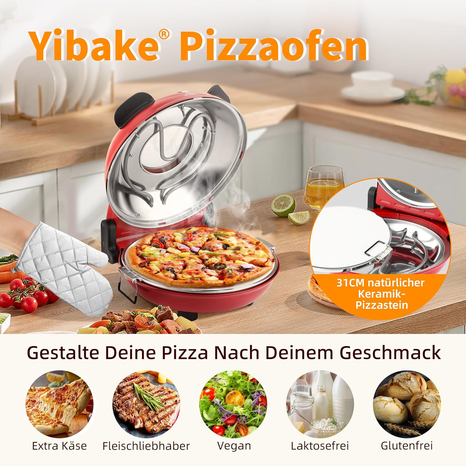 1200W Pizzaofen elektrisch, Indoor-Pizzaofen,Rot 4 1200W Pizzaofen elektrisch, Indoor-Pizzaofen,Rot – Bild 4