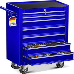 MASKO® Werkstattwagen rollbar 7 Schubladen abschließbar, mobiler Rollwagen zur Werkzeugaufbewahrung mit Schloss & Kugellager-Schubladen, Stabiler Werkstatt Trolley aus massiven Metall, Blau