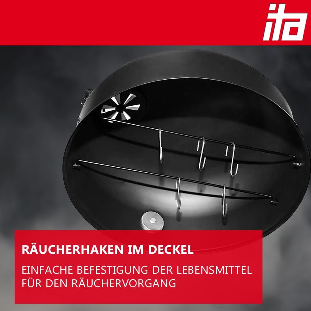 ITA Räuchergrill 3in1 Multifunktional - Grillen, Räuchern, Garen - Modularer Holzkohlegrill Smoker mit Thermometer & regulierbarem Luftabzug am Deckel - Grilltonne Räucherofen 5 ITA Räuchergrill 3in1 Multifunktional - Grillen, Räuchern, Garen - Modularer Holzkohlegrill Smoker mit Thermometer & regulierbarem Luftabzug am Deckel - Grilltonne Räucherofen – Bild 5