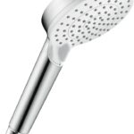 hansgrohe Crometta - wassersparender Duschkopf 6 l/min (EcoSmart), Handbrause mit 2 Strahlarten, runde Duschbrause (100 mm), Sparduschkopf mit Antikalk-Funktion, Weiß/Chrom, 26336400