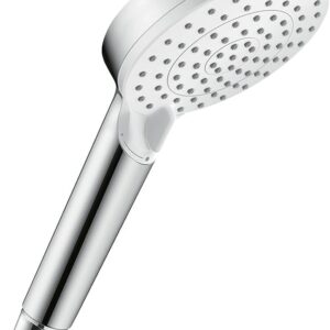 hansgrohe Crometta - wassersparender Duschkopf 6 l/min (EcoSmart), Handbrause mit 2 Strahlarten, runde Duschbrause (100 mm), Sparduschkopf mit Antikalk-Funktion, Weiß/Chrom, 26336400