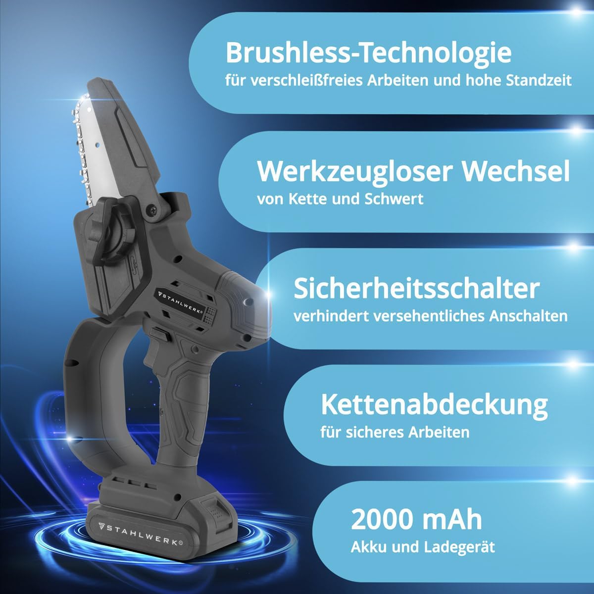 STAHLWERK Mini Akku Kettensäge MAK-20 ST, 2 Ah Akku, 4,8 m/s, Akku-Säge 3 STAHLWERK Mini Akku Kettensäge MAK-20 ST, 2 Ah Akku, 4,8 m/s, Akku-Säge – Bild 3