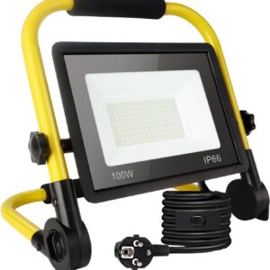 100W Led Baustrahler,10800LM Superhelle Arbeitsleuchte,Tragbares Baustrahler,6000K TageslichtWeiß,Ip66 Wasserdicht,Eu-Stecker Bauleuchten mit 3.5M Kabel und Schalter für Werkstatt,Garage,Garten