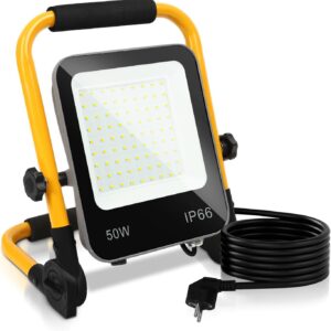 LED Baustrahler, 50W 5000LM LED Arbeitsleuchte, IP66 Wasserdicht Baustrahler mit 3M Kabel und Faltbarer Ständer, Tragbar Arbeitsscheinwerfer baulampe für Baustelle, Garage, 6000K