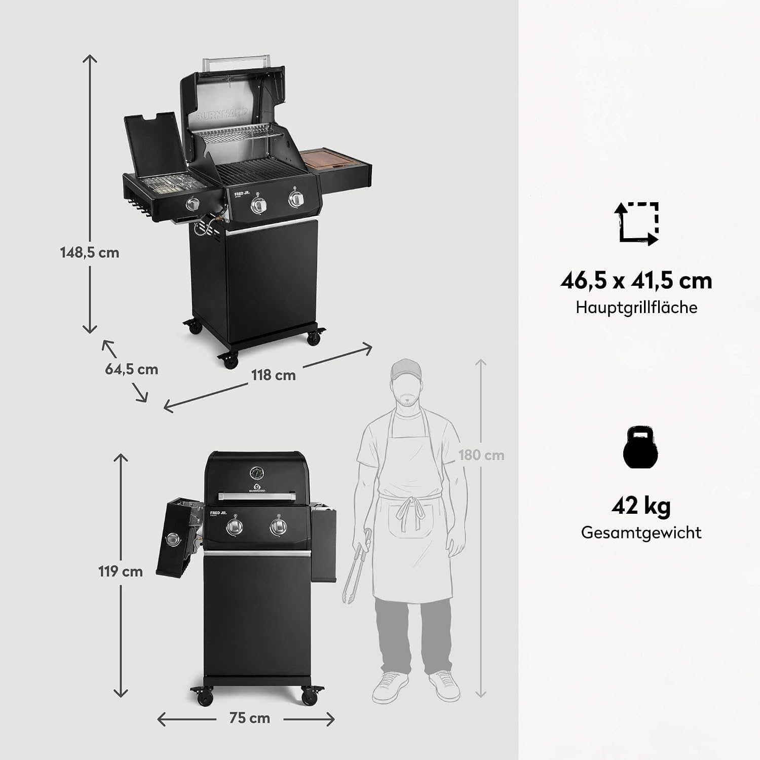 BURNHARD® FRED Jr. Deluxe Gasgrill 2-Brenner, Gusseisenrost, Schwarz-Matt 3 BURNHARD® FRED Jr. Deluxe Gasgrill 2-Brenner, Gusseisenrost, Schwarz-Matt – Bild 3