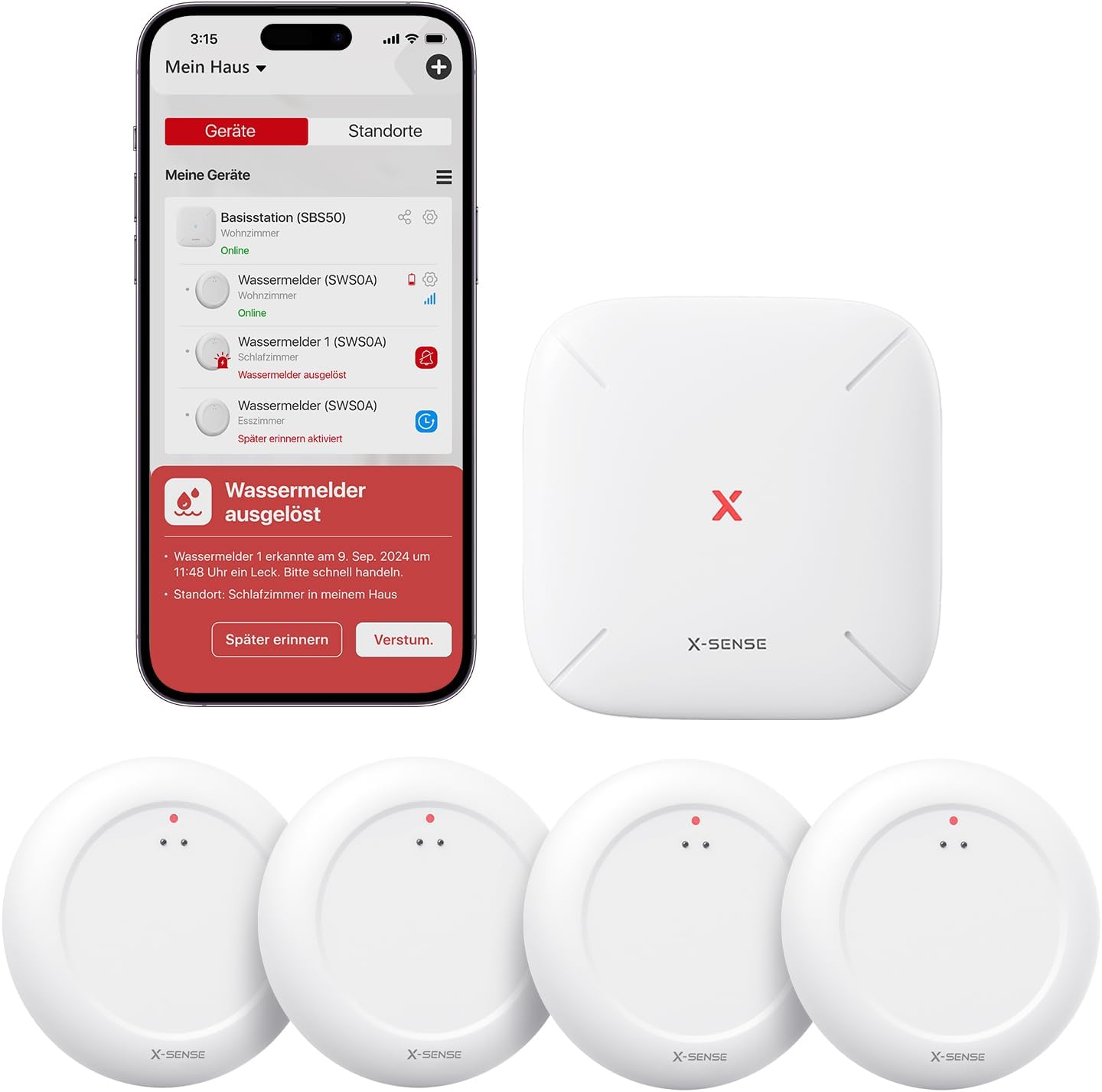 X-Sense Wassermelder WLAN mit SBS50 Basisstation, Smarter Wassermelder, App-Warnungen(nur 2.4Ghz), wasserdicht nach IP67, Funk-Wassersensor für Küche, Bad, Keller, SWS0A41, 5er Set 1 X-Sense Wassermelder WLAN mit SBS50 Basisstation, Smarter Wassermelder, App-Warnungen(nur 2.4Ghz), wasserdicht nach IP67, Funk-Wassersensor für Küche, Bad, Keller, SWS0A41, 5er Set