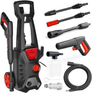 LEHMANN Jukon Hochdruckreiniger, 1600 W, 480 l/h Fördermenge, mit 5m Hochdruckschlauch, Pistole, Lanzen und eine Schaumlanze, Flächenreiniger mit 130 bar Druck für Haus, Garten und Auto