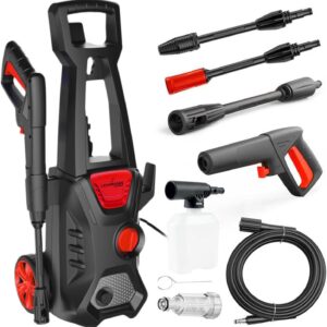 LEHMANN Jukon Hochdruckreiniger, 1600 W, 480 l/h Fördermenge, mit 5m Hochdruckschlauch, Pistole, Lanzen und eine Schaumlanze, Flächenreiniger mit 130 bar Druck für Haus, Garten und Auto