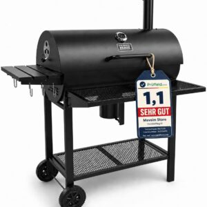 [ Test SEHR GUT, Note 1.1 *] THE BLACK BEAST Holzkohlegrill Grillwagen - Kohlegrill BBQ Smoker mit Deckel, Thermometer, Schornstein, 3-tlg. Grillrost, Warmhalterost, Aschebehälter und Rädern
