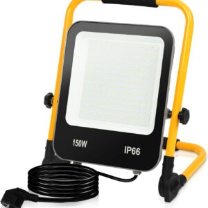 Ikodm LED Baustrahler Arbeitsleuchte, 150W Baustellen Strahler inkl. Faltbarer Standgestell und 3M Netzkabel, Baulampe 13000LM 6000K Kaltweiß IP66 Wasserdicht für Innen Außen (mit Stecker)