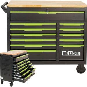 TRUTZHOLM Werkstattwagen Star XL 12 Schubladen unbestück Hartholz-Arbeitsplatte schwarz/grün 103 x 112 cm mit Feststellbremsen, abschließbar