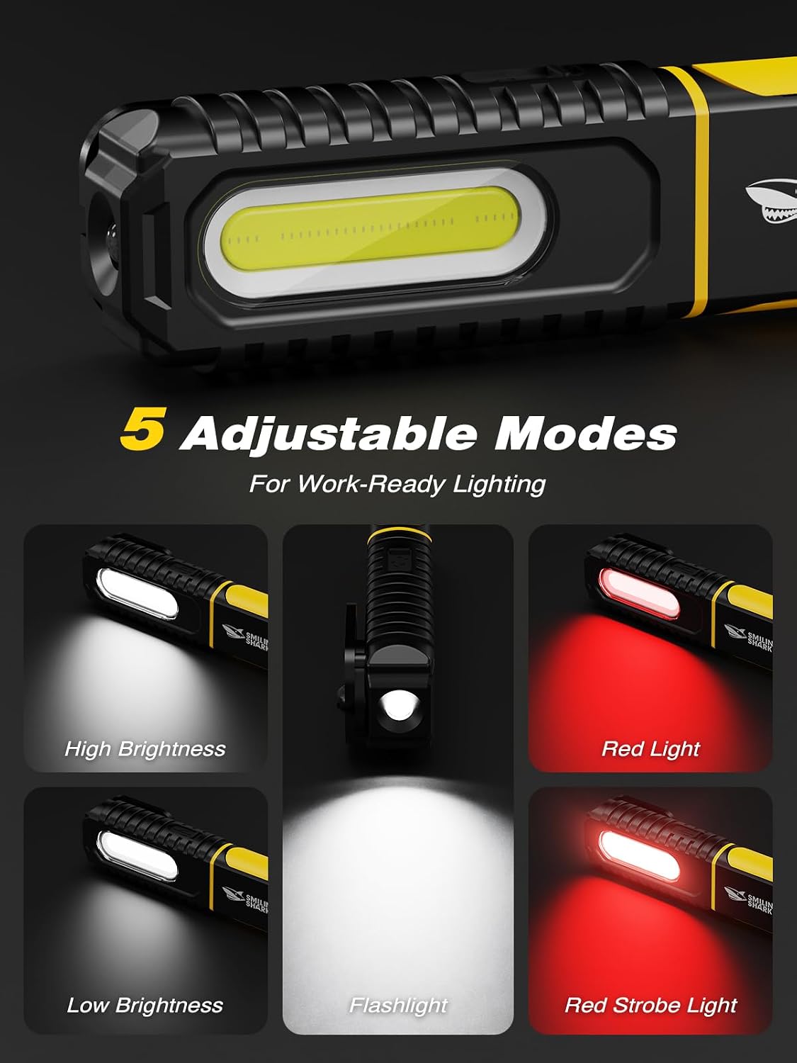 Smiling Shark LED Arbeitsleuchte Akku, Arbeitslampe USB Wiederaufladbare 5 Modus Licht Tragbar Leuchten Werkstatt mit 360° Magnetfuß und Haken für Working Auto Reparatur Camping (2 Packungen) 3 Smiling Shark LED Arbeitsleuchte Akku, Arbeitslampe USB Wiederaufladbare 5 Modus Licht Tragbar Leuchten Werkstatt mit 360° Magnetfuß und Haken für Working Auto Reparatur Camping (2 Packungen) – Bild 3
