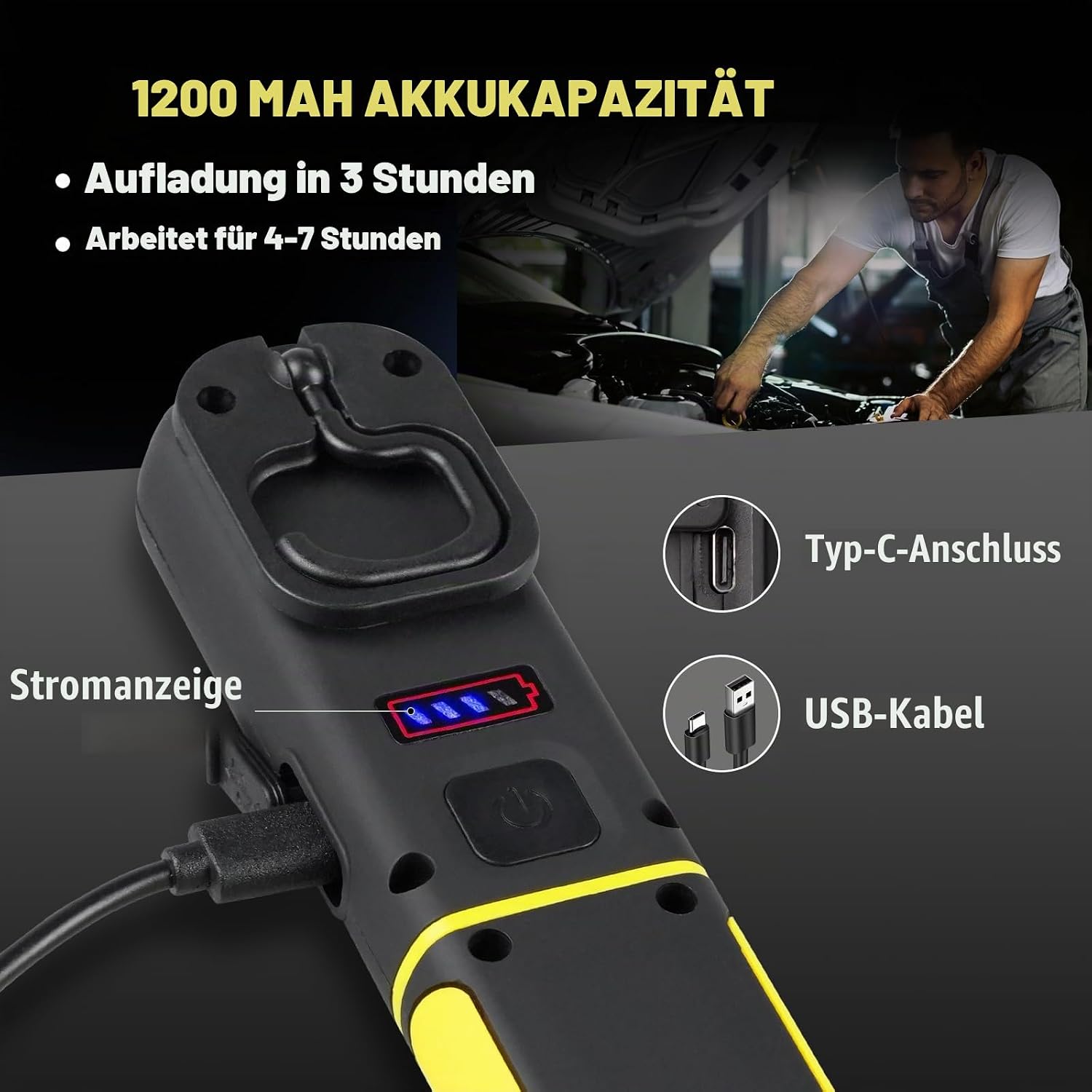 Arbeitsleuchte LED Akku, 800LM Werkstattlampe mit Haken und Magnetfuß, 360° Drehbare 3 Lichtmodi Taschenlampe Werkstatt Handlampe für Auto Reparatur Camping Notfall (2 Stück) 5 Arbeitsleuchte LED Akku, 800LM Werkstattlampe mit Haken und Magnetfuß, 360° Drehbare 3 Lichtmodi Taschenlampe Werkstatt Handlampe für Auto Reparatur Camping Notfall (2 Stück) – Bild 5