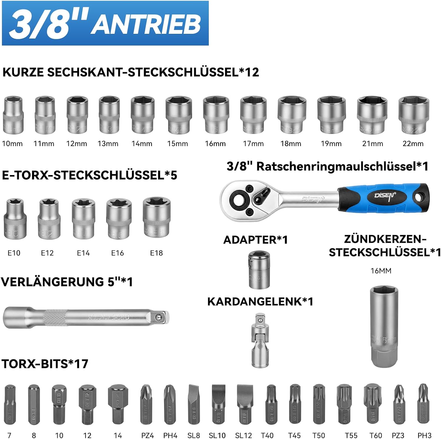 DISEN Steckschlüsselsatz 108-teilig, Ratschenschlüssel Knarrenkasten Set mit Umschaltknarre 1/4" und 3/8", inkl. Gängigen Torx - Bitsatz, Verlängerungen, Steckschlüssel Set und Nüsse für Heim 2 DISEN Steckschlüsselsatz 108-teilig, Ratschenschlüssel Knarrenkasten Set mit Umschaltknarre 1/4" und 3/8", inkl. Gängigen Torx - Bitsatz, Verlängerungen, Steckschlüssel Set und Nüsse für Heim – Bild 2