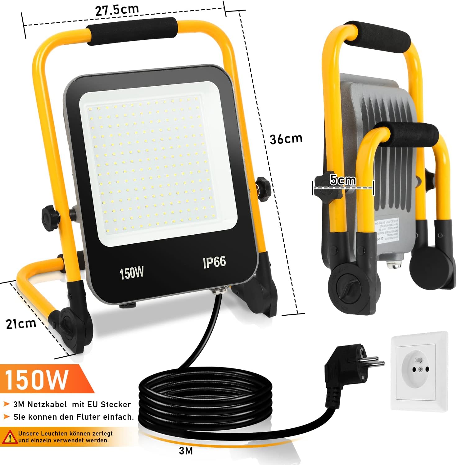 Ikodm LED Baustrahler Arbeitsleuchte, 150W Baustellen Strahler inkl. Faltbarer Standgestell und 3M Netzkabel, Baulampe 13000LM 6000K Kaltweiß IP66 Wasserdicht für Innen Außen (mit Stecker) 2 Ikodm LED Baustrahler Arbeitsleuchte, 150W Baustellen Strahler inkl. Faltbarer Standgestell und 3M Netzkabel, Baulampe 13000LM 6000K Kaltweiß IP66 Wasserdicht für Innen Außen (mit Stecker) – Bild 2
