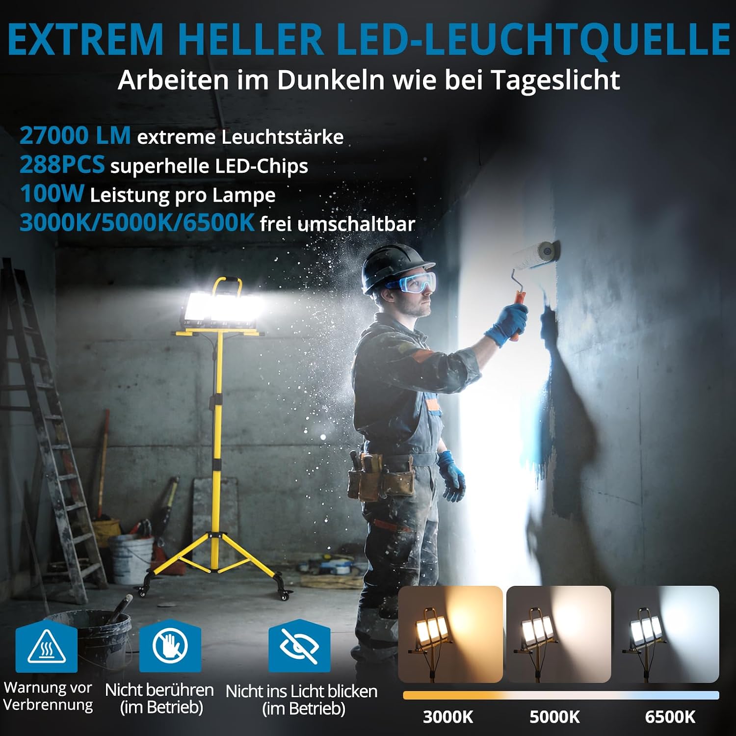 AUTOUTLET Baustrahler LED mit Rollstativ 300W, 3000K/5000K/6500K & 5M Kabel 2 AUTOUTLET Baustrahler LED mit Rollstativ 300W, 3000K/5000K/6500K & 5M Kabel – Bild 2