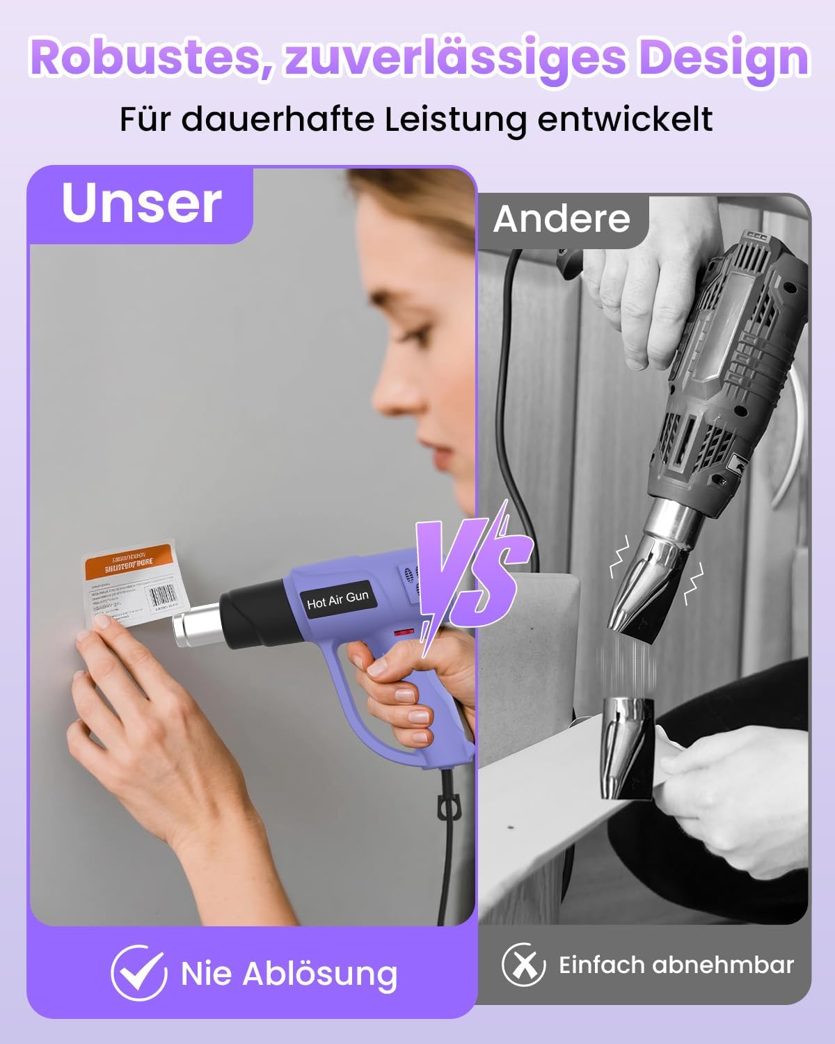 Heißluftfön mit Schnellaufheizung, stufenlos 60-600°C, Heissluftpistole mit 2 Luftstromstufen & Überhitzungsschutz, 1600W Heißluftfön mit 5 Zubehör für DIY, Schrumpfschläuche 5 Heißluftfön mit Schnellaufheizung, stufenlos 60-600°C, Heissluftpistole mit 2 Luftstromstufen & Überhitzungsschutz, 1600W Heißluftfön mit 5 Zubehör für DIY, Schrumpfschläuche – Bild 5